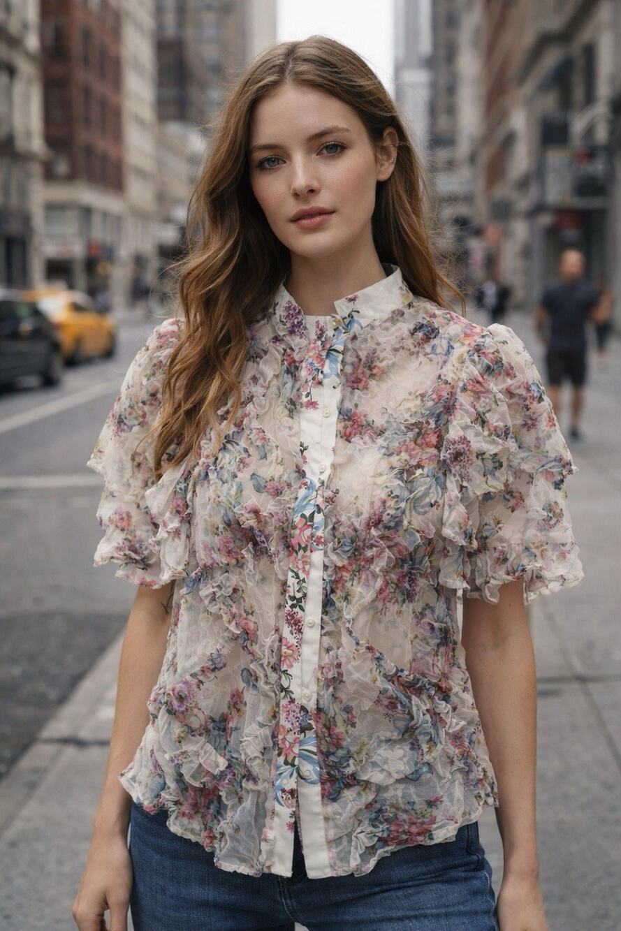 Floral Sheer Mesh Top Ruffles Pearl buttons Boho Victorian Fairy Feminine Large?